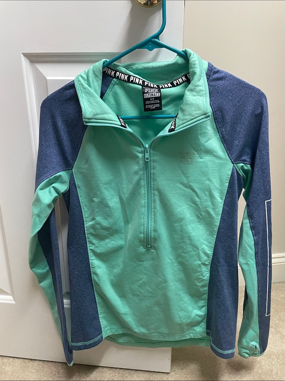 PINK Victoria's Secret Mint Green Half-Zip Pullover with Navy Trim